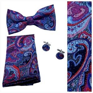Bow Tie Pocket Square Cufflink 3pc Set Red Paisley Wedding Formal Prom Tux